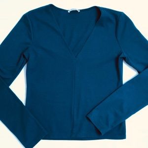 Zara V-neck Long Sleeve Shirt Dark Teal Blue Sz M